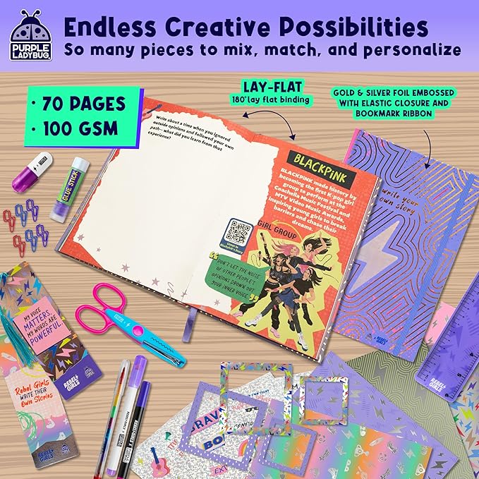 Girls Creative Gift Kit Ages 8-12 - DIY Journal Kit for Girls with Hard Cover by Rebel Girls, 10 9 Year Old Girl Birthday Gifts, Tweens and Teens Scrapbook Story Writing Activity with 50+ Accessories