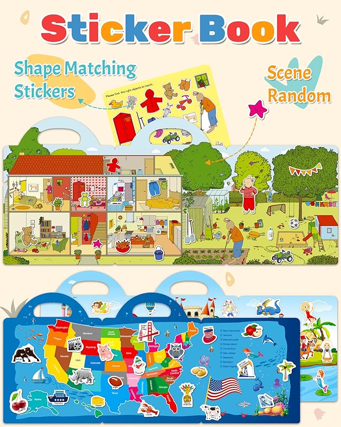 Benresive Reusable Sticker Book for Toddlers, Stickers for Kids, Travel Toys for Arts & Crafts Activities, Birthday Gift for Boys & Girls, America Map, Fairy, My House Themes