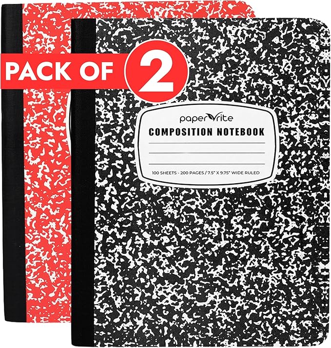 Assorted Marble Composition Notebook Wide Ruled (9.75x7.5 in), 100 Sheets | 200 Pages | For School, Office, Students, Teachers (2, Black & Red)
