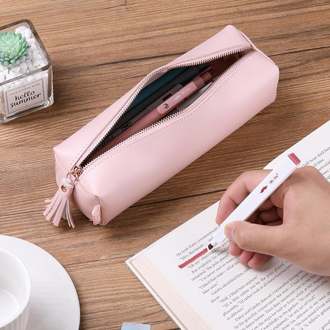 Mr. Pen- PU Leather Pencil Case, Pink | Pencil Case Small Pencil Pouch Aesthetic