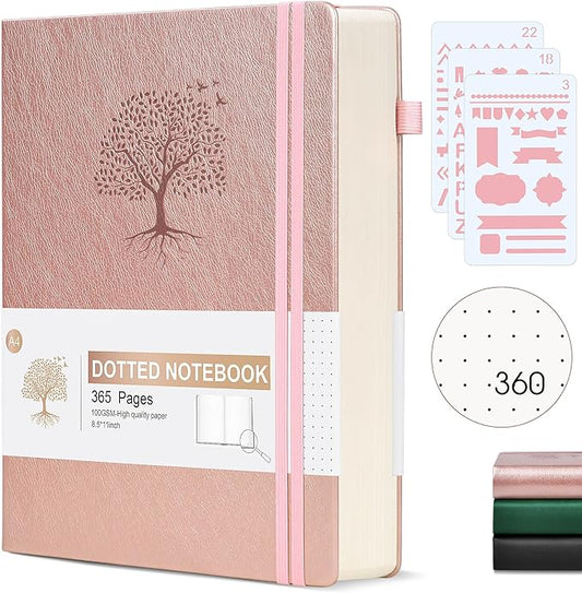 Ansopu Dotted Journal Notebook, 360 Numbered Pages Dot Grid Notebooks 8.5 x 11, 100gsm Dot Paper Thick Hardcover Leather Journals for Writing Women Men, A4 Large Bullet Dotted Notebooks for Work Pink