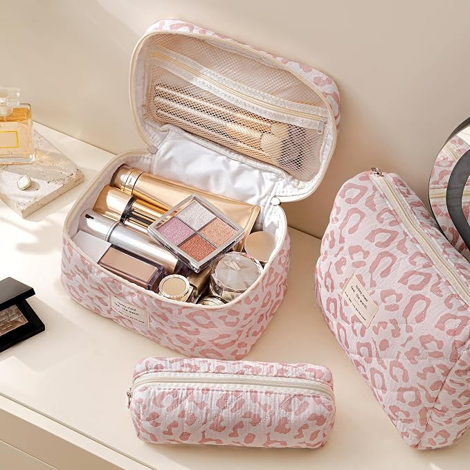 HBselect Quilted Makeup Bag, 3Pcs Cotton Large Travel Makeup Bags Organizer | Cute Floral Make up Bag Cosmetic Bag Toiletry Bag for Women Girls, Makeup Pouch for Skincare, Brushes & Travel Essentials