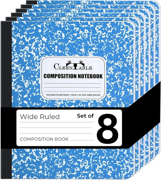 CLEENTABLE Composition Notebook 8 Pack, Wide Ruled Paper, Marble Cover Notebooks for School, 9.75 x 7.5 Inches, 100 Sheets (200 Pages), Sewn Binding Comp Books, Blue