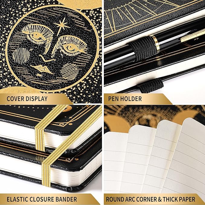 Artfan Ruled Notebook/Journal – Premium Thick Paper Classic Writing Notebook with Pocket + Page Dividers Gifts, Banded, Large, 128 Pages, Hard Cover, Lined (5.3" x 8.26") - Sun and Moon