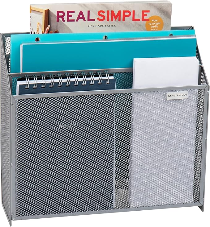 Mind Reader Vertical File Storage, Desktop Organizer, Wall Mount, Office, Metal Mesh, 12.5"L x 3.75"W x 11.5"H, Silver