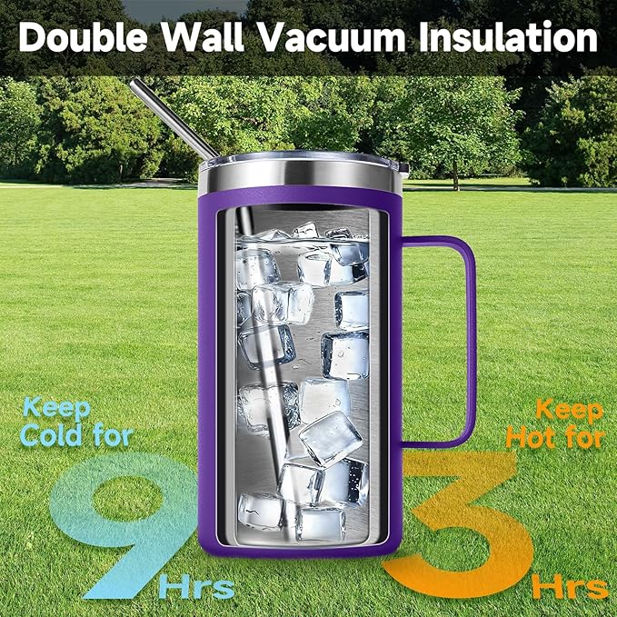 Volhoply 22oz Insulated Stainless Steel Coffee Mug with Leakproof Lid,Double Wall Vacuum Travel Coffee Cup with Handle,Reusable Metal Tumbler,Camping Mugs Keep Hot&Cold(Purple,1)