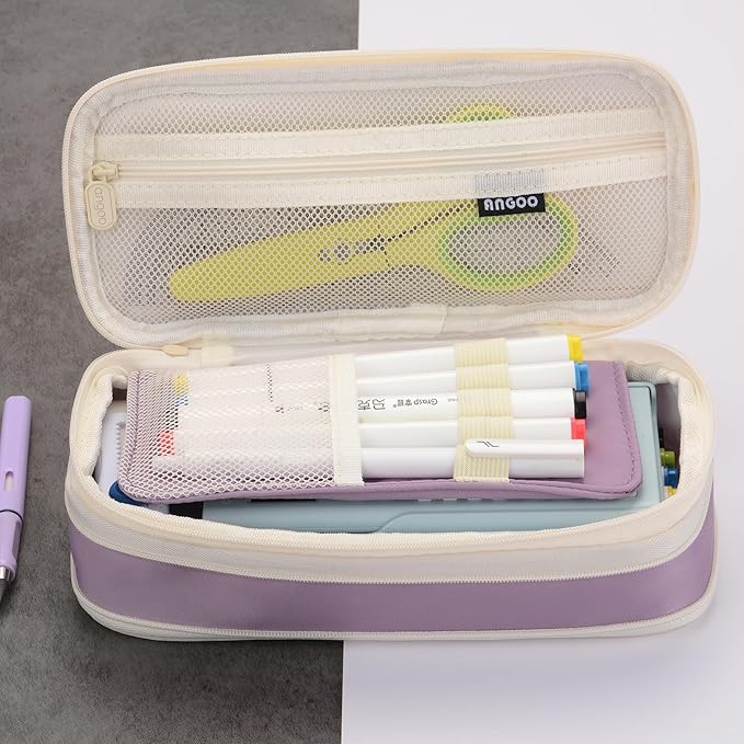 Large Capacity Canvas Pencil Case Organizer Holder Pouch Bag with Zipper Compartments, Pen Cases for Women Girls School Adults (Purple)