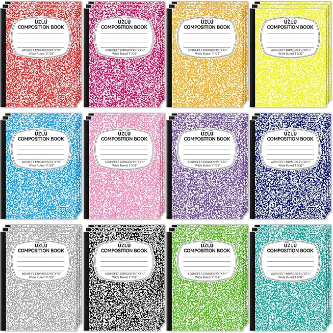 UZLU 36 Pack 9.75 x 7.5 in Large Composition Notebooks Bulk 12 Color Wide Ruled Composition Books Marble Journal Notebook 60 Sheets per Book for Aldult Student College Office Back to School Supplies
