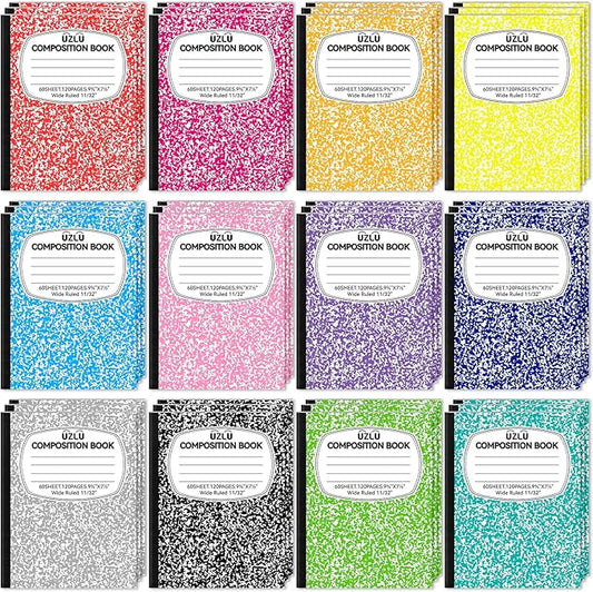 UZLU 36 Pack 9.75 x 7.5 in Large Composition Notebooks Bulk 12 Color Wide Ruled Composition Books Marble Journal Notebook 60 Sheets per Book for Aldult Student College Office Back to School Supplies