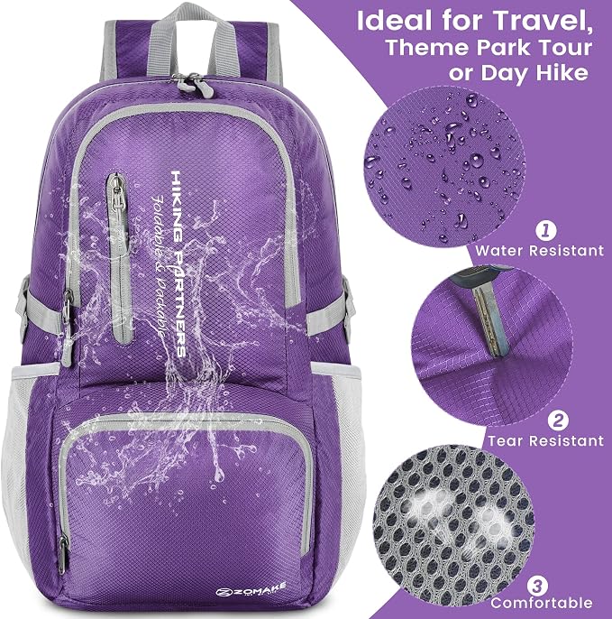 ZOMAKE Lightweight Packable Backpack, Water Resistant Foldable Daypack 35L | Light Hiking Backpacks Collapsible Day Pack for Travel, Everyday Carry, Multi Compartment Storage, Adjustable Strap (Purple)