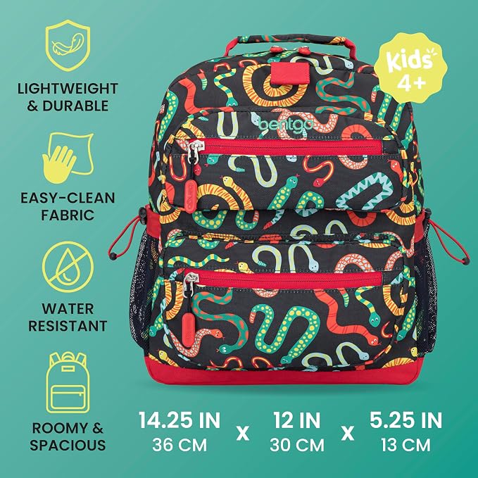 Bentgo Kids Print Backpack - Lightweight 14” Backpack for School, Travel & Daycare, Ideal for Ages 4+, Durable & Water-Resistant, Roomy Interior, & Loop for Lunch Bag (NEW Sssnakes)