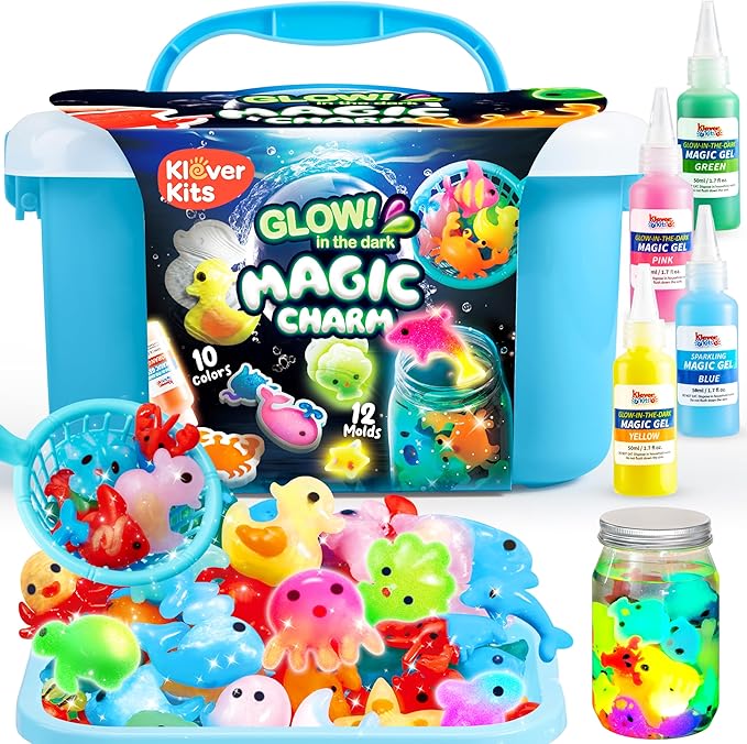 Klever Kits Glow-in-The-Dark Water Gel Kit, Magic Fairy Water Pets Toy Kit with 10 Gels(7 Glow-in-The-Dark Gels), 12 Molds, Preserving Bottle, DIY STEM Craft Kits, Arts and Crafts for Kids
