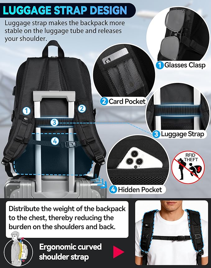 ProEtrade Travel Backpack, Extra Large Laptop Backpack School Business Anti Theft TSA Approved College Work Computer Bag Fits 17 Inch Laptop with USB Charging Port Bookbag for Women Men(Black)