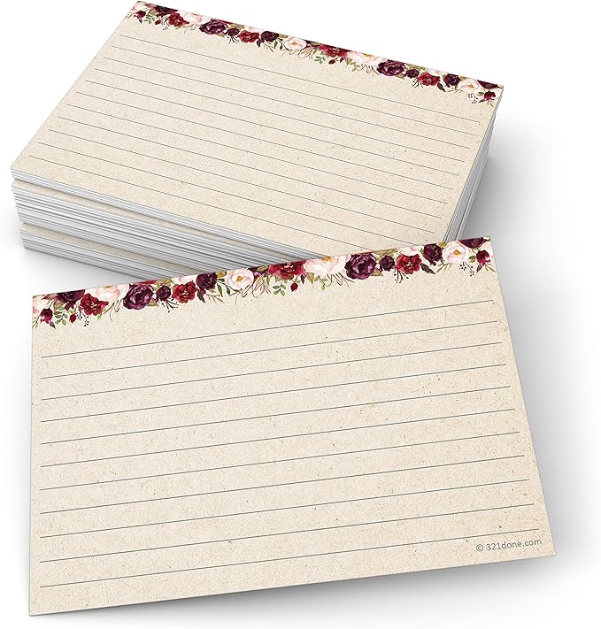321Done Ruled Note Cards, Floral 4x6 Thick Index Cards - Kraft Tan Card Stock, Notecards & Stationery with Lines for Writing, Stamping - Made in USA, Set of 50 - No Envelopes