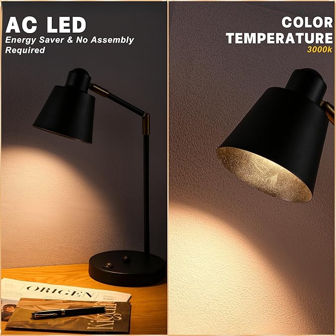 Anxingtools LED Desk Lamp with Dual USB Charging Ports, 100% Metal, 270° Swivel Arms, Soft White Light (3000K), Bedside Reading Lamp, Home Office Lamp (Black)