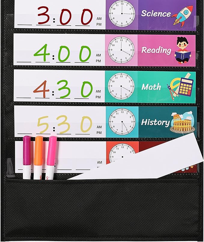 Mr. Pen Daily Schedule Pocket Chart, 13+1 Pockets, 26 Double Sided Reusable Cards (13 Colored+13 Blank), 12.8'x35', Classroom Schedule Chart