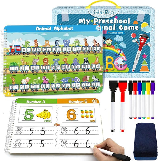 Handwriting Practice Tracing Books for Kids Ages 3-5, Montessori Preschool Learning Activity, Autism Educational Learn Number Letters Shapes Animal & Sight Words Workbook with 8 Dry Erase Markers