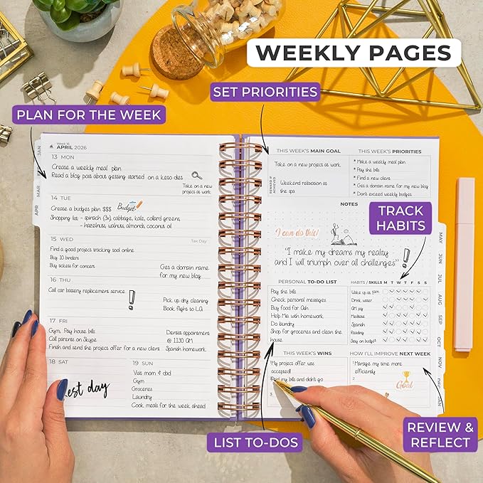 Clever Fox Dated Planner with Tabs 2026 – Weekly & Monthly Spiral Planner with Habit Tracker for Goal Setting & Time Management (Lavender)