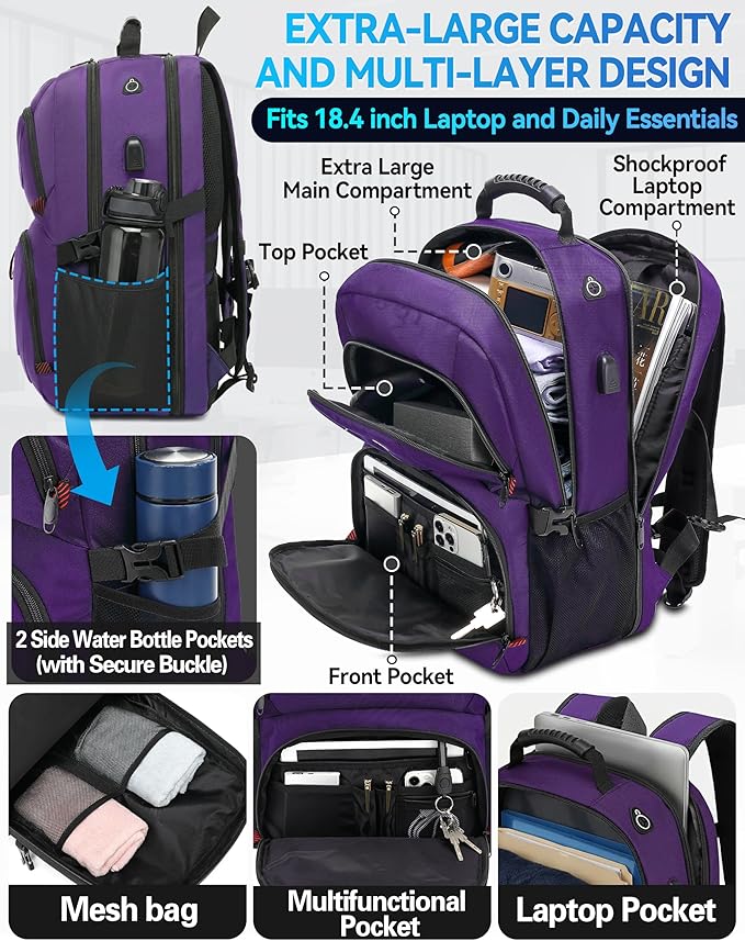 ProEtrade Travel Backpack, Extra Large Laptop Backpack Business Anti Theft TSA Approved College Work Computer Bag Fits 18.4 Inch Laptop with USB Charging Port for Women Men(Purple,L)
