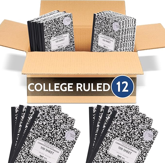 12 Pack - EPI College Ruled Composition Notebook Black - 200 Pages (100 Sheets), 9-3/4 x 7-½ - Classroom Back to School Supplies, Heavy Duty, Durable Hardcover Office Notebooks, Sewn