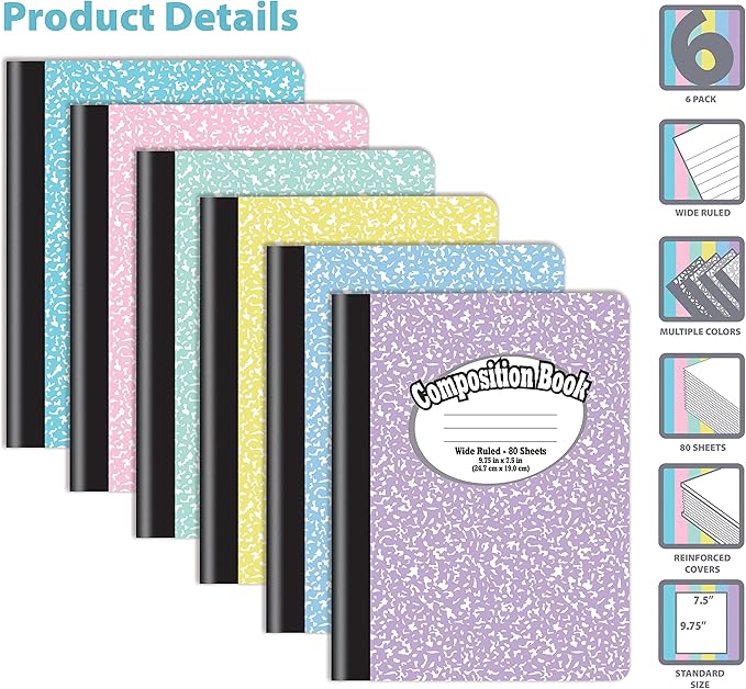 Better Office Products Composition Book Notebook, Hardcover, Assorted Pastel Covers, Wide Ruled (11/32-inch), 80 Sheet, One Subject, 9.75" x 7.5", 6 Pack