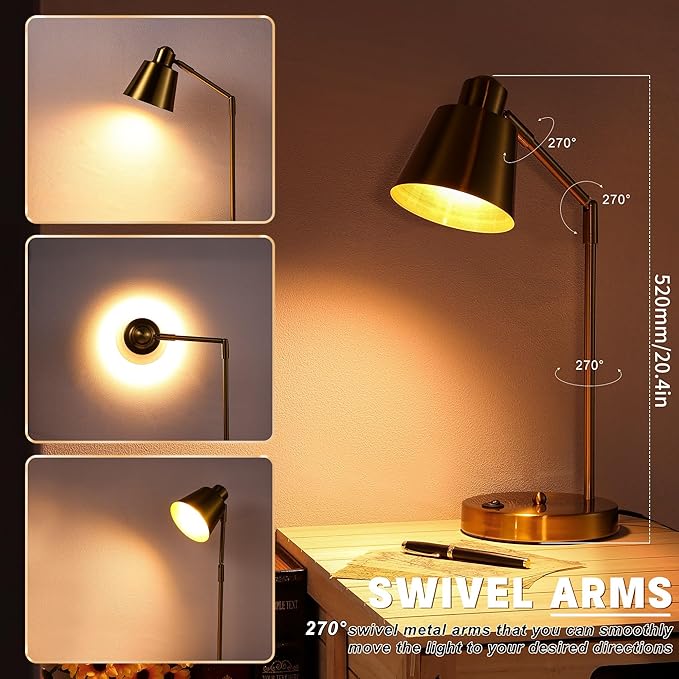 Anxingtools LED Desk Lamp with Dual USB Charging Ports, 100% Metal, 270° Swivel Arms, Soft White Light (3000K), Bedside Reading Lamp, Home Office Lamp(Golden)
