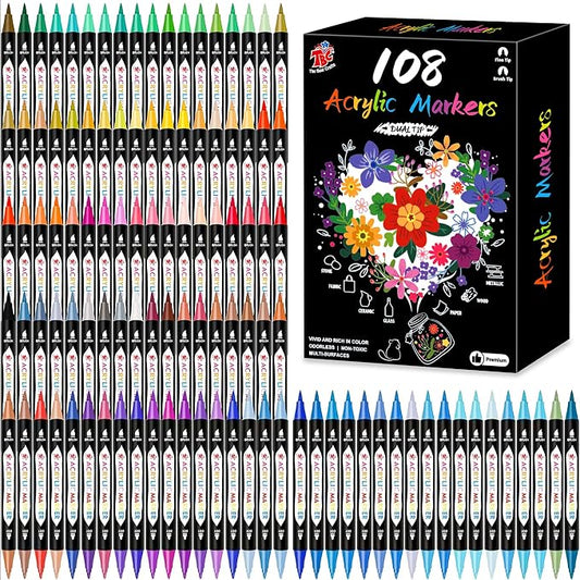 TBC The Best Crafts Acrylic Paint Markers, 108 Colors Dual Tip – Waterproof, Non-Toxic, Fast-Drying Art Pens for Rock Painting, Wood, Glass, Ceramic, Fabric