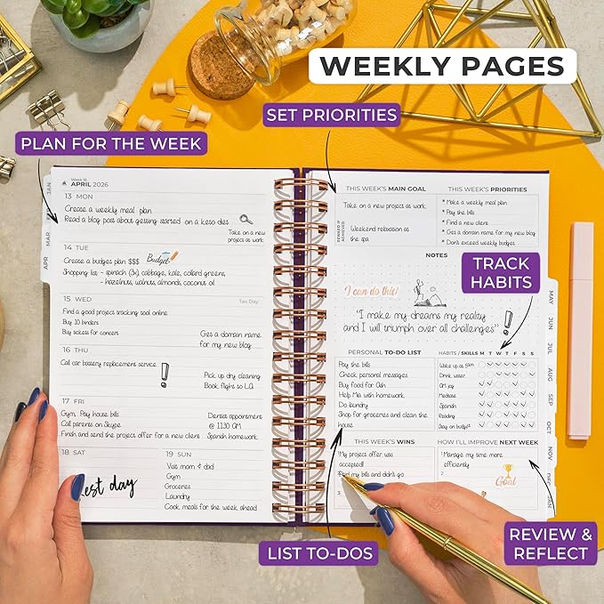 Clever Fox Dated Planner with Tabs 2026 – Weekly & Monthly Spiral Planner with Habit Tracker for Goal Setting & Time Management (Purple)