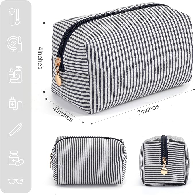 Makeup Bag Set for Women, 6PCS Travel Cosmetic Bags Pencil Case, Striped Seersucker Toiletry Organizer Pouches, Cute Makeup Pouch for Purse, Accessories and Gifts, Navy