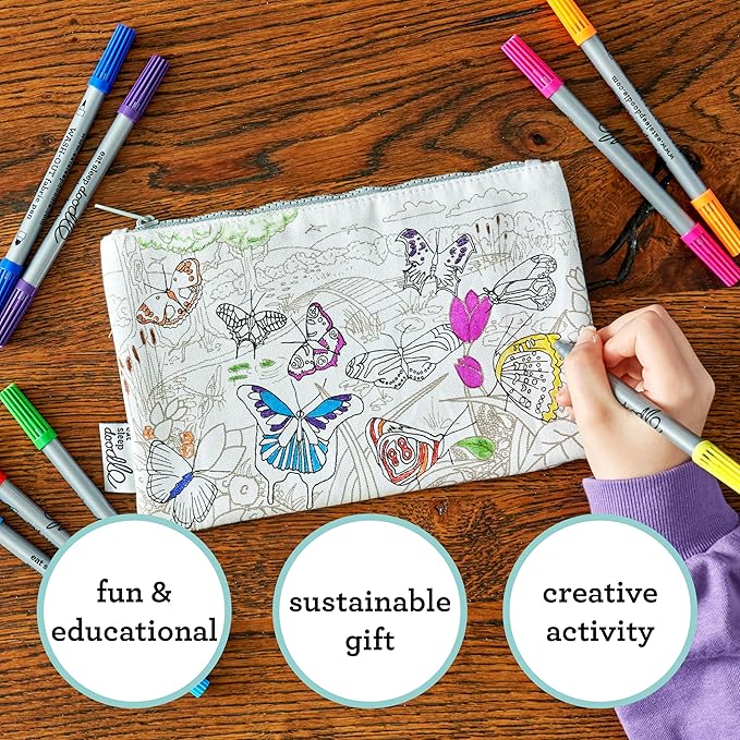 DIY Coloring Butterfly Pencil Case for Kids with 10pcs Washable Markers, Reusable Art Supply Organizer, Fun Arts & Crafts Activity for Boys & Girls, Creative Gift Idea for Ages - eatsleepdoodle