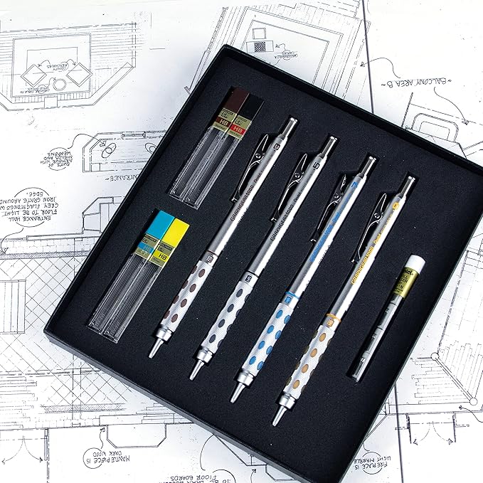Pentel Arts GraphGear 1000 Mechanical Pencil Premium Gift Set with Refill Leads & Erasers (PG1000BXSET) (Pack of 6)