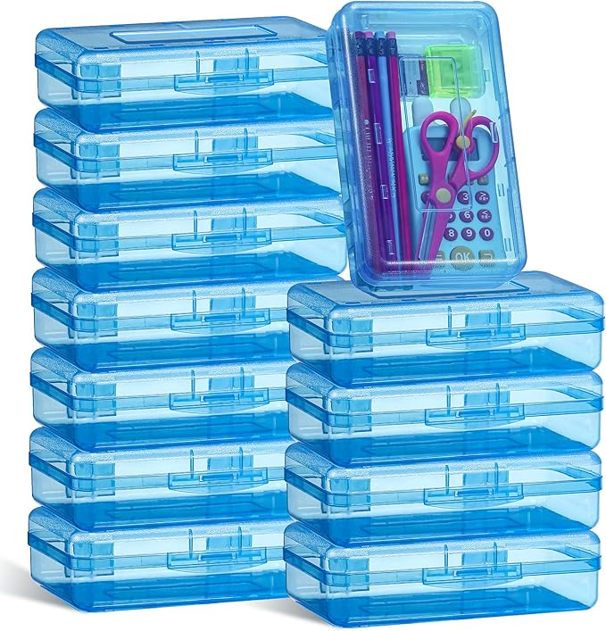 Leelosp 12 Pack Clear Pencil Boxes for School Bulk, Large Plastic Pencil Case with Lid, Stackable Hard Crayon Storage Box for Classroom Kids, Desk Drawer Organizer for Office Home(Blue)