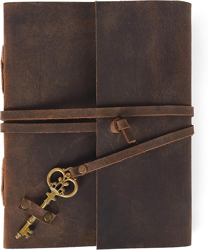 Leather Journal Travel Diary, Handmade Vintage Bound Notebook for Men & Women, Antique Key, Genuine Buffalo Leather- Quality Unlined Cream Paper Perfect for Notes, Art Sketchbook, 8X6 Inches, Cream