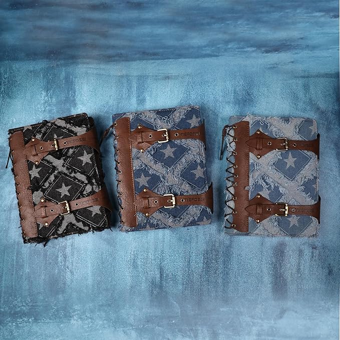 TIEFOSSI Denim Journal for Women Men, Vintage PU Leather Journals, College Ruled Notebook with 6 Ring Binder, Refillable Notebooks with Pockets for School Travel Sketch 7 x 9.2 in