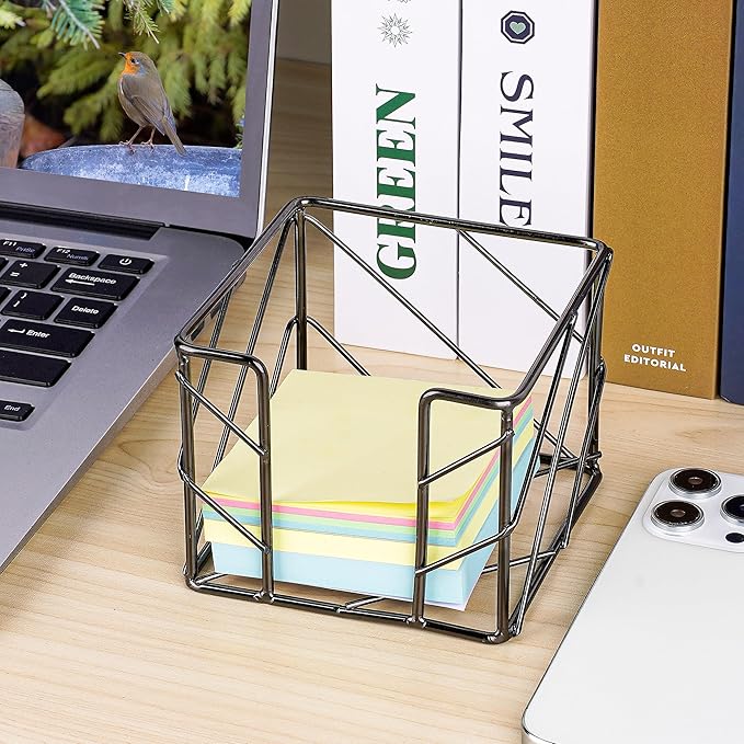 Mesh Metal Sticky Note Holder, Wire Memo Cube Dispenser, Desk Supplies Storage Organizer Container for Home School Office, Fits 3x3 Inch Notes (Black)