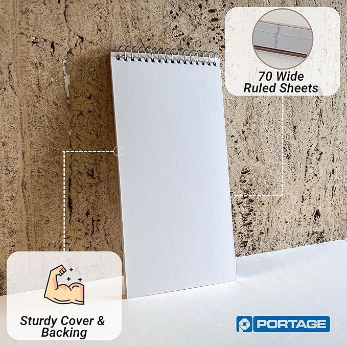 Portage Reporters Notebook – Top Bound Spiral Notepad, Blank Cover Steno Note Book, Perfect for Reporters & Journalists Taking Notes in the Field, Wide Ruled – 4 x 8 In, 70 Sheets, 12 Pack