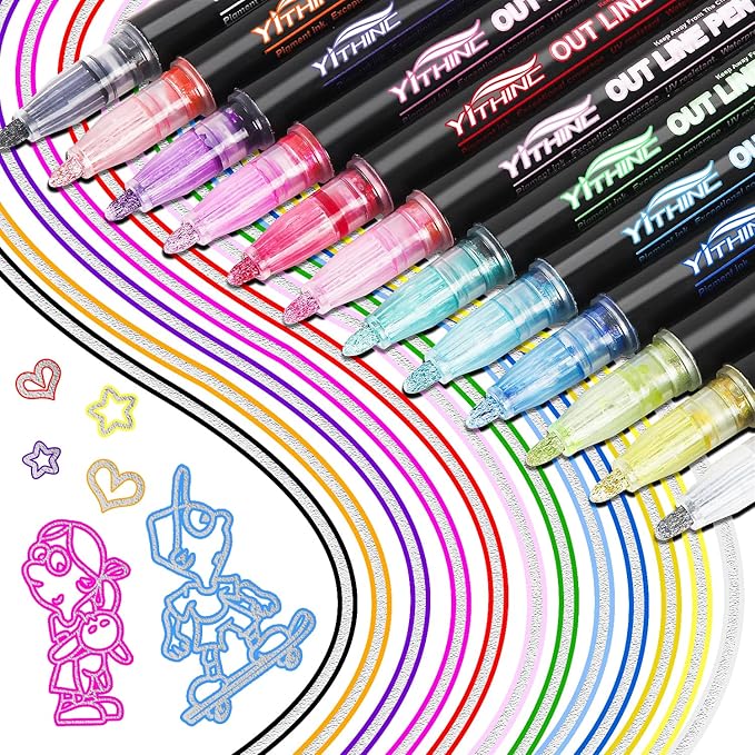 Outline Markers, 12 Metallic Shimmer Glitter Gel Pens, Tween Teen Girl Gifts Trendy Stuff, Cool Cute Art Craft School Drawing Supplies, Birthday Fun Kits for Kids Girls Ages 4 6 8 10 12 Year Old