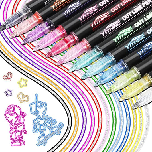 Outline Markers, 12 Metallic Shimmer Glitter Gel Pens, Tween Teen Girl Gifts Trendy Stuff, Cool Cute Art Craft School Drawing Supplies, Birthday Fun Kits for Kids Girls Ages 4 6 8 10 12 Year Old