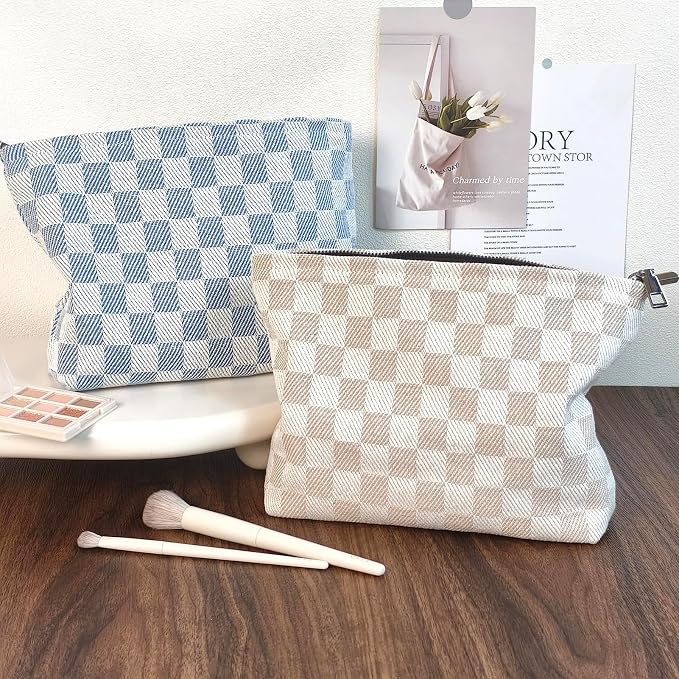 STARDW Checkered Makeup Bag Cosmetic Travel Bag, Toiletry Bag for Women | Canvas Lined Makeup Pouch for Skincare, Brushes, Toiletries & Travel Essentials, Cute Purse Organizer Pouches with Zipper
