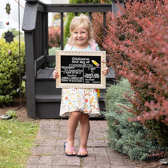 First Day of School Sign (15"x11.5"), Easy-to-Clean with Real Wooden Ruler Frame, Handmade in USA by Bloom Owl, Perfect for Back to School Framed Chalkboard, 1st Day of Kindergarten, Pencil Design