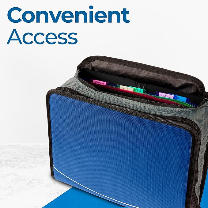 Case-it Mighty Zip Tab School Zipper Binder | 3-Inch O-Rings, 600-Sheet Capacity, 5-Subject Expanding File Folder, Multiple Pockets & Storage Organizer, Shoulder Strap | D-146 Midnight Blue