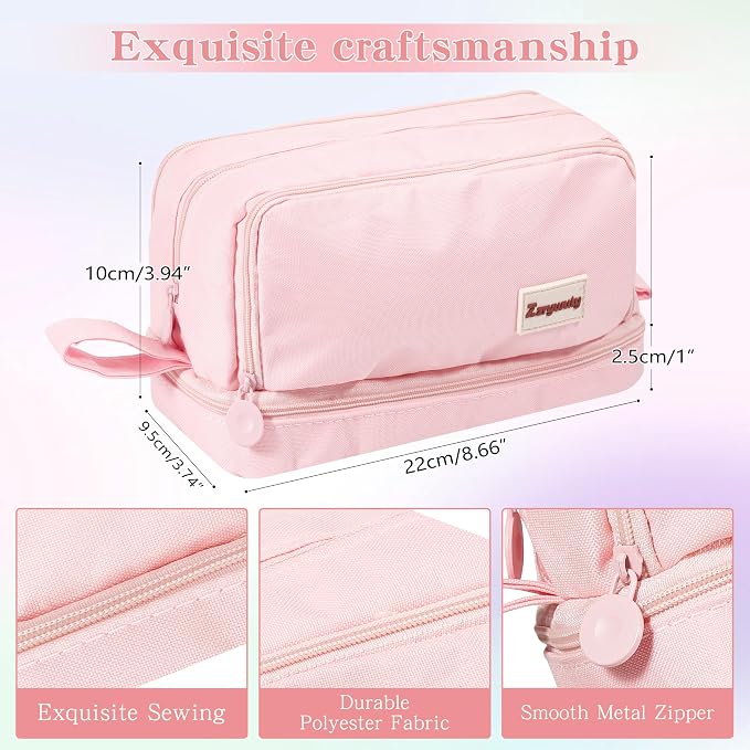 Zzrywuty Pink Large Capacity Pencil Case 4 Compartments,Pencil Pouch with Zipper Portable Handle for Teens Adults Aesthetic Pencil Bag Stationery Organizer Pen Pencil Case with Handle for School