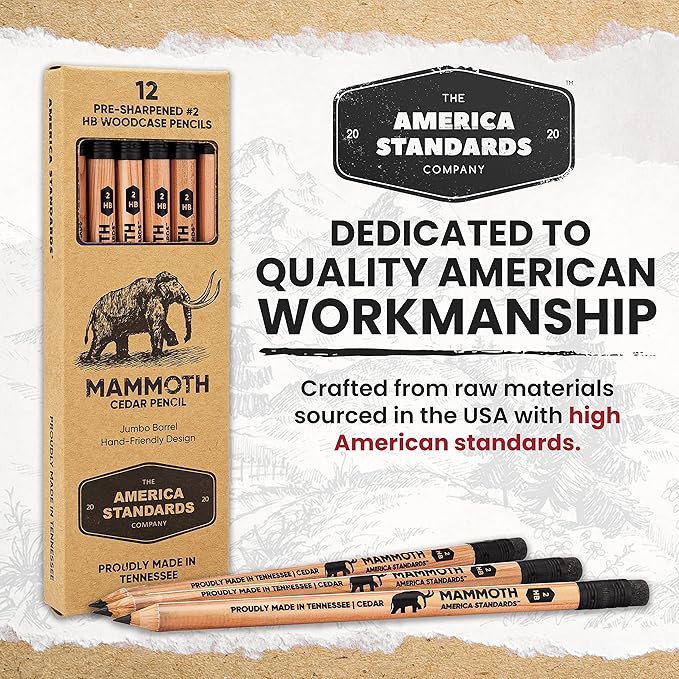 Mammoth Jumbo Pencils - 12 Pack, American-Made Cedar Pencils for Preschoolers, Kids, Carpenters, Handymen, People with Hand Issues, Comfortable Grip, Break-Resistant Graphite Core, Smudge-Free Eraser