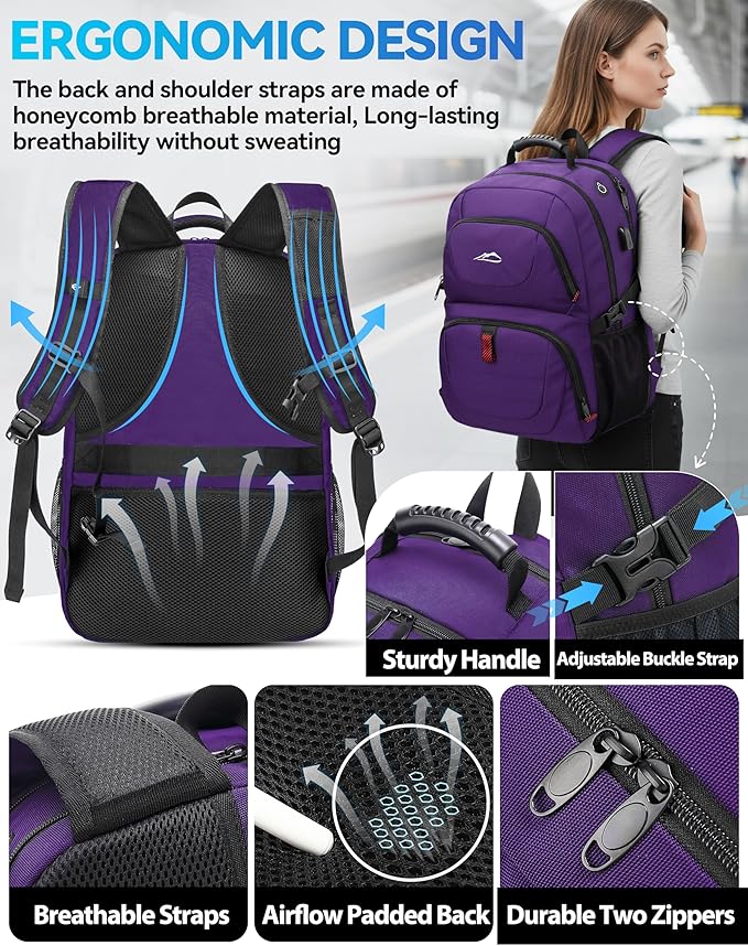 ProEtrade Travel Backpack, Extra Large Laptop Backpack Business Anti Theft TSA Approved College Work Computer Bag Fits 18.4 Inch Laptop with USB Charging Port for Women Men(Purple,L)