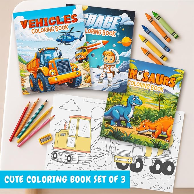 ZICOTO Fun Coloring Books for Kids Set of 3 – Exciting Dinosaur, Space & Trucks Coloring Book for Boys Ages 4–8 – Easy to Color Gift for Your Creative Little One