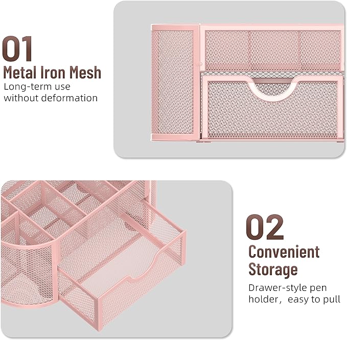 SUPEASY Mesh Desk Organizer, Desk Accessories & Workspace Organizers with Drawers, Pencil Holder for Desk with 9 Compartments for Office Suppliess, School, Classroom, 8.6 x 4.3 x 4.1 Inch, Pink