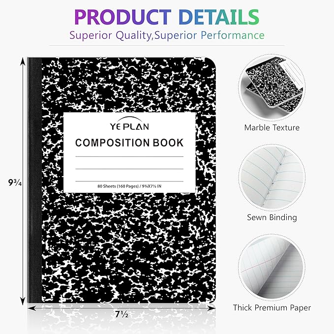 Yeplan Composition Notebooks 5 pack, Wide Ruled Notebook Paper, 9 3/4" x 7 1/2", 80 Sheets/160 Pages, Aesthetic Marble Composition Notebook for School & Office Supplies (5, Black)