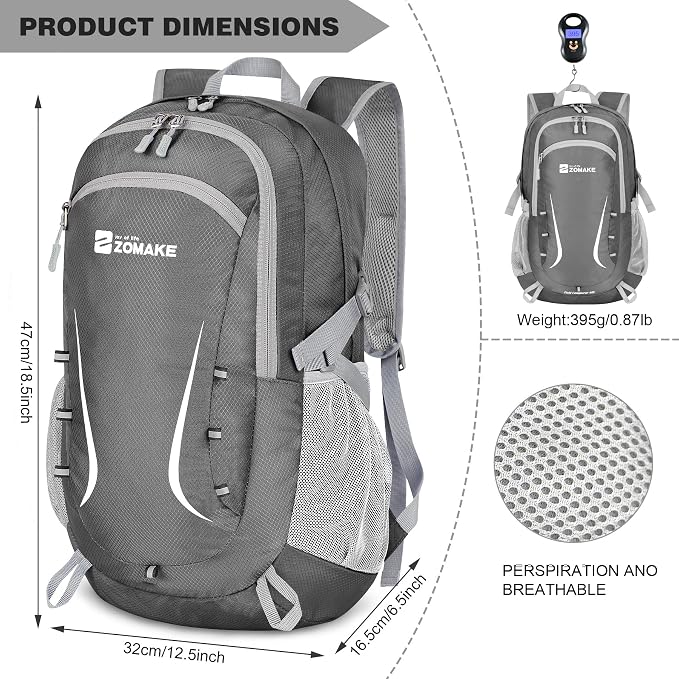 ZOMAKE Lightweight Packable Backpack 35L, Foldable Backpacks Water Resistant Collapsible Light Daypack for Hiking(Medium Grey) | Light Hiking Backpacks Water Resistant Collapsible Day Pack for Travel, Everyday Carry, Multi-Pocket Layout, Heavy Duty Nylon