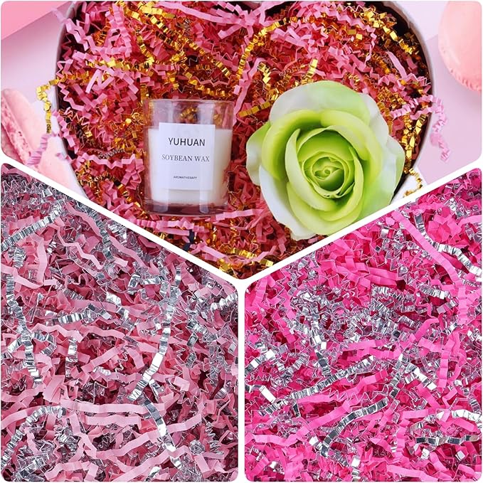 TANMWZK Crinkle Cut Paper Shred Filler 1 LB Gift Wrapping & Gift Basket Filler for Christmas,Halloween & Wedding Decorations,Easter Basket Grass Filler,Crafting Activities (Pink and Silver)