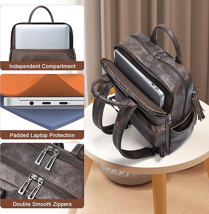 Shrrie Laptop Backpack for Women 15.6 inch Travel Leather Backpack Purse Work Computer Backpacks for Business College Coffee